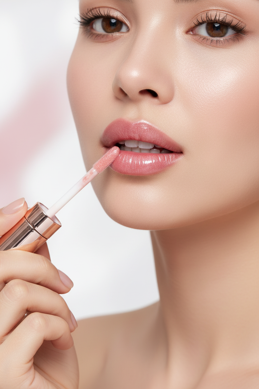 Close-up of a person applying pink lipstick with a blurred background